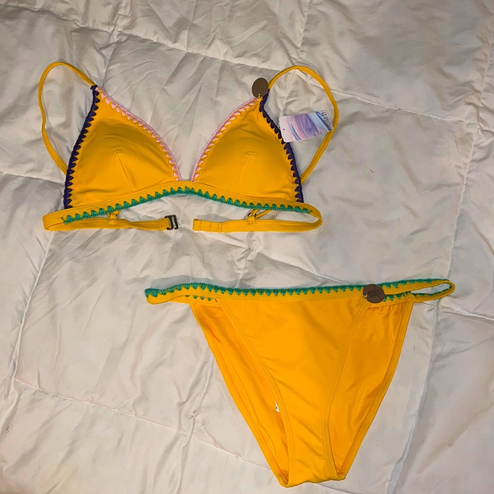 Yellow bikini with crochet detail